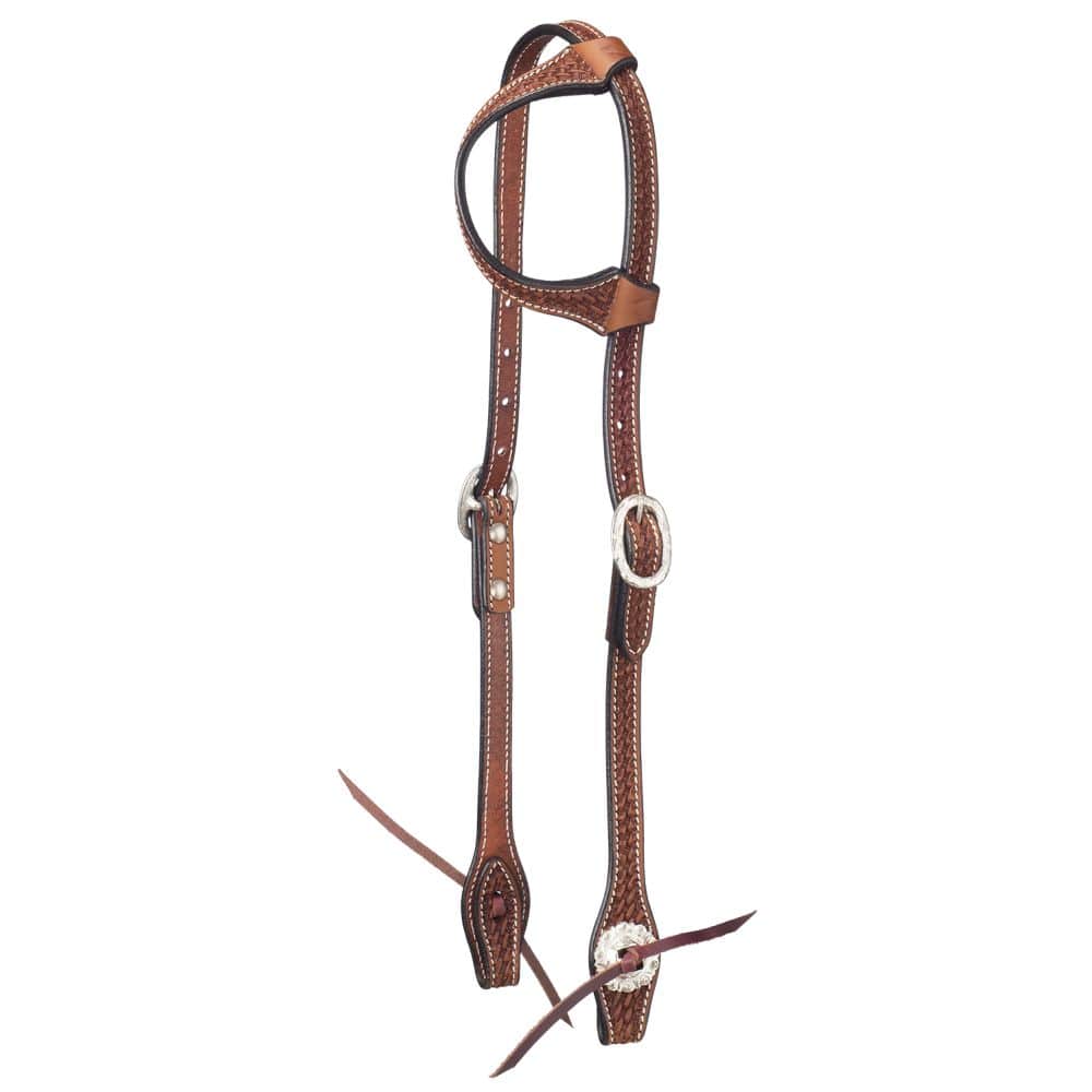 Tough-1 Leather Single Ear Headstall - Basket Stamp w/ Silver Hardware