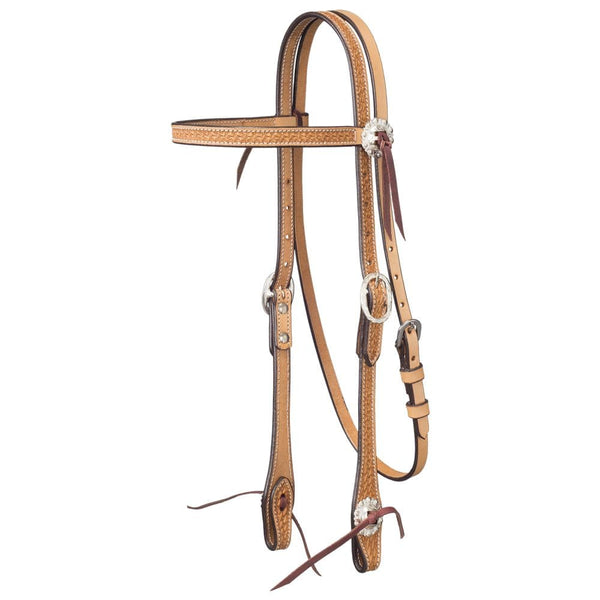 Tough-1 Leather Straight Brow Headstall - Basket Stamp w/ Silver Hardware