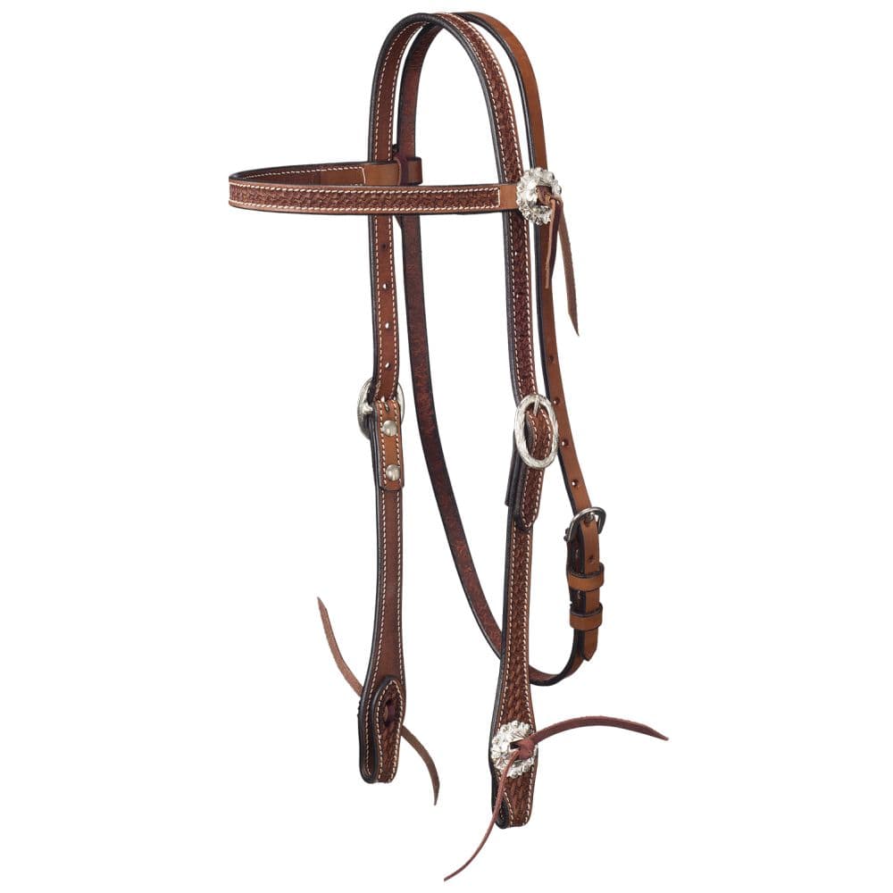 Tough-1 Leather Straight Brow Headstall - Basket Stamp w/ Silver Hardware