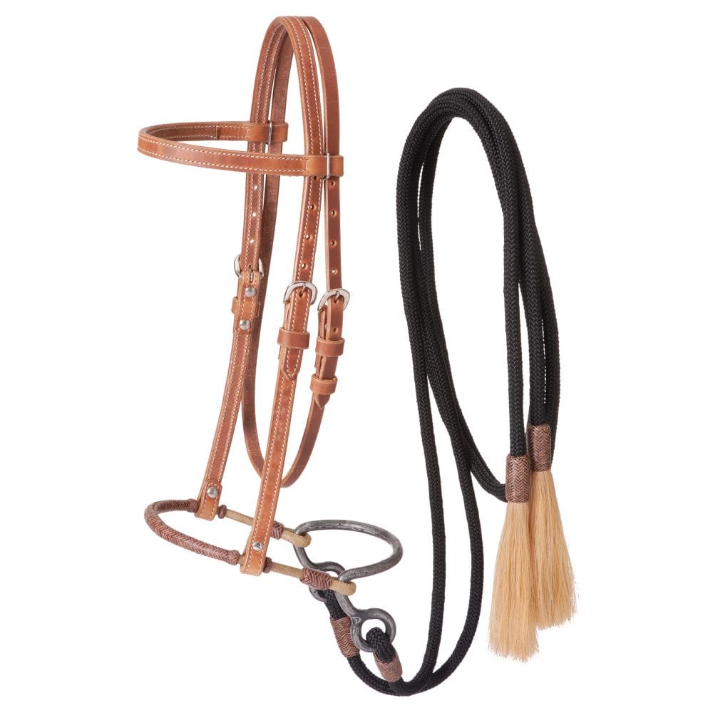 Harness Leather Headstall with Training Bosal and Cord Split Reins