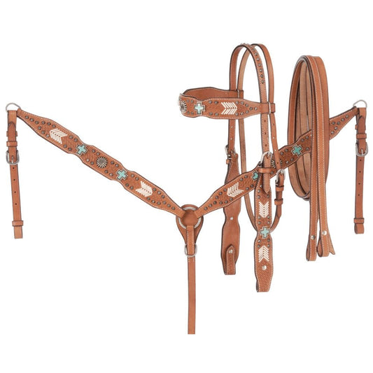 3 Piece Silver Show Set - Wide Brow Headstall, Breastcollar, and Rein Set w/ Turquoise Cross